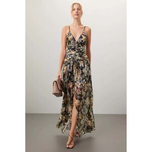 Tanya Taylor Lovette Dress Floral Maxi Sleeveless V Neck Silk Linen‎ Slit Sz 8